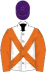 White, orange cross belts and sleeves, purple cap