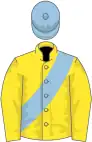 Yellow, light blue sash and cap