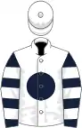 White, dark blue disc, dark blue and white hooped sleeves