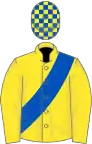 Yellow, royal blue sash, check cap