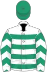 White, emerald green hoops, chevrons on sleeves, emerald green cap