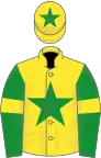 Yellow, green star, green sleeves, yellow armlets, yellow cap, green star