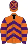 Orange and purple chevrons, purple and orange hooped sleeves, orange and purple hooped cap