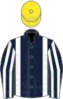 Dark blue, white braces, striped sleeves, yellow cap