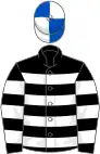 Black, White hoops, Royal Blue and White quartered cap