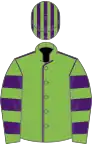 Light green, purple seams, hooped sleeves, striped cap