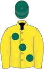 Yellow, large dark green spots, dark green cap