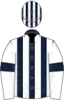 Dark blue and white stripes, white sleeves, blue armlets, striped cap