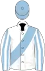 White, light blue sash, striped sleeves, light blue cap