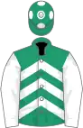 Emerald green and white chevrons, white sleeves, emerald green cap, white spots