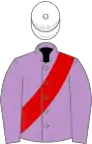 Mauve, red sash, white cap