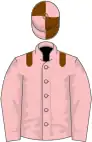 Pink, brown epaulettes, pink sleeves, pink cap, brown quartered