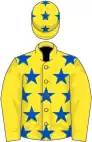 Yellow, blue stars, yellow sleeves, yellow cap, blue stars