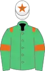 Emerald green, orange epaulets and armlets, white cap, orange star