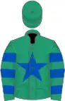 Emerald green, royal blue star, hooped sleeves