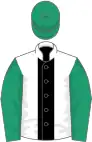 White, black stripe, emerald green sleeves and cap