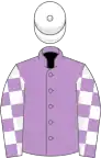 Mauve, mauve and white check sleeves, white cap