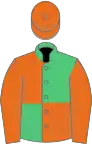 Emerald green and orange (quartered), orange sleeves and cap