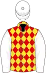 Red and Yellow diamonds, White sleeves and cap