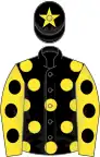 Black, yellow spots, yellow sleeves, black spots, black cap, yellow star