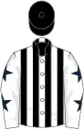 White and black stripes, white sleeves, dark blue stars, black cap