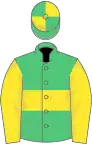 Emerald green, yellow hoop and sleeves, quartered cap