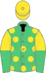 Emerald green, yellow spots, yellow and emerald green halved sleeves, yellow cap