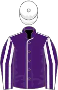 PURPLE, WHITE seams, striped sleeves, WHITE cap