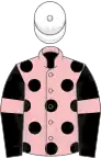 Pink, black spots, black sleeves, pink armlets, white cap