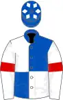 Royal blue and white (quartered), white sleeves, red armlets, royal blue cap, white diamonds