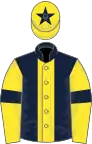 Dark blue, yellow stripe, yellow sleeves, dark blue armlets and star on yellow cap