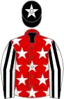 Red, white stars, white and black striped sleeves, black cap, white star