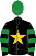 Black, green hooped sleeves, gold star, green cap