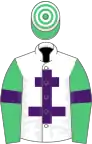 White, purple cross of lorraine, emerald green sleeves, purple armlets, emerald green and white hooped cap