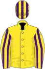 Yellow, purple striped sleeves, striped cap