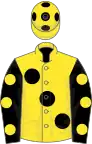 Yellow, large black spots, black sleeves, yellow spots, yellow cap, black spots