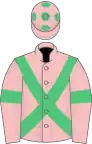 Pink, green cross belts and armlets, spots on cap