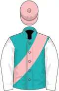 Green, Pink sash and cap, White sleeves