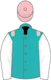 Emerald green, pink epaulets, white sleeves, pink cap