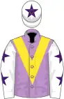 Mauve, yellow chevron, white sleeves, purple stars, white cap, purple star