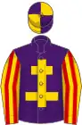 Purple, gold cross of lorraine, red and gold striped sleeves, purple and gold quartered cap