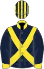 Dark blue, yellow cross sashes collar and cuffs, striped cap