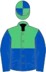 Emerald Green and Royal Blue (halved horizontally), royal blue sleeves, quartered cap