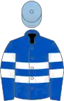 Royal blue, two white hoops, white armlets, light blue cap