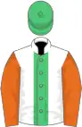 White, emerald green stripe, orange sleeves, emerald green cap