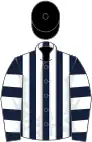 Dark blue and white stripes, hooped sleeves, black cap