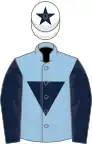 Light blue, dark blue inverted triangle and sleeves, white cap, dark blue star