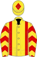 Yellow, red braces, chevrons on sleeves, yellow cap, red diamond