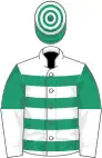 White, emerald green hoops, emerald green and white halved sleeves, emerald green and white hooped cap