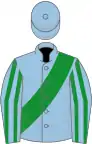 Light blue, green sash, striped sleeves